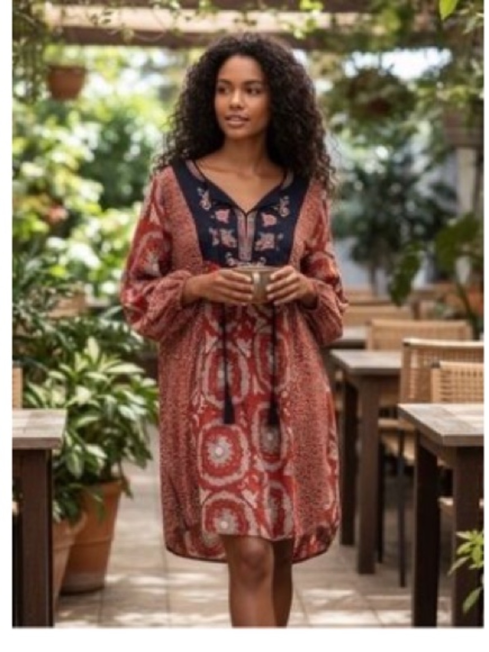 Flying Tomato Embroidered Boho Tunic Mini Dress, Size L
